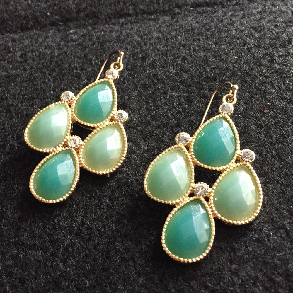 Beveled Gold Trim Green and CZ Hanging Earrings